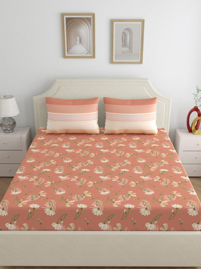 Dreamscape 100% Cotton 140 TC Floral Bedsheet Set - Colour: Brown