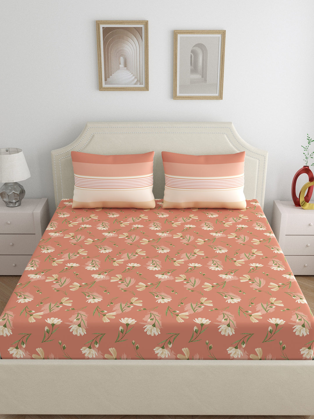 Dreamscape 100% Cotton Floral Bedsheet Set, Premium | 140 TC | Brown