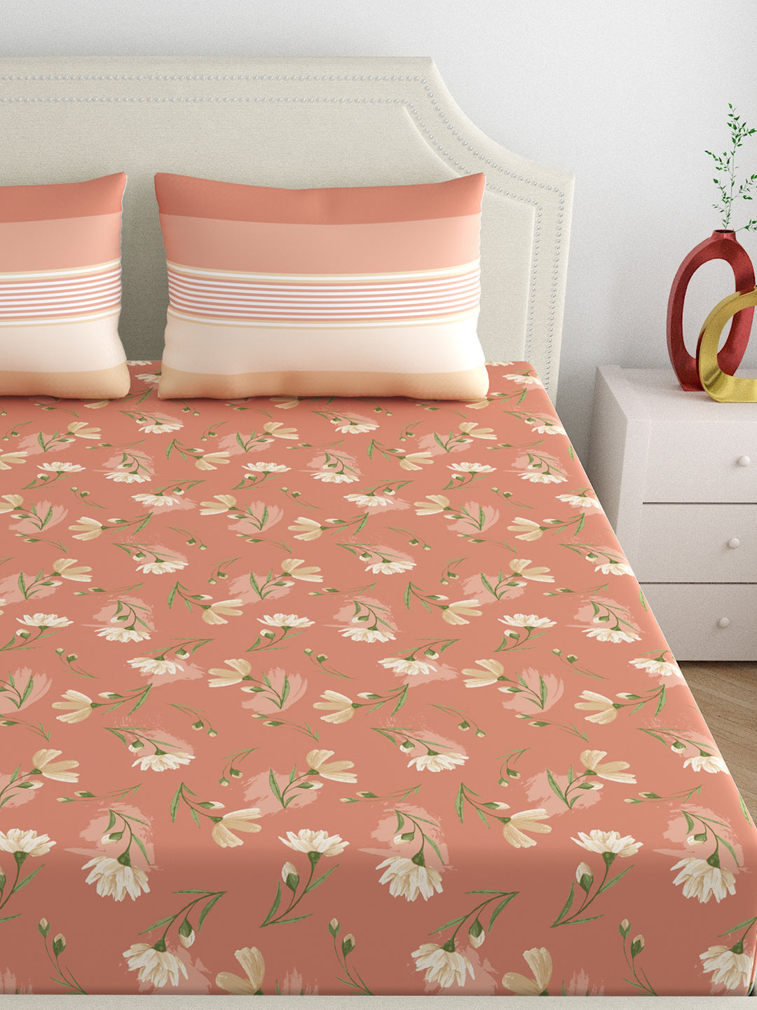 Dreamscape 100% Cotton Floral Bedsheet Set, Premium | 140 TC | Brown