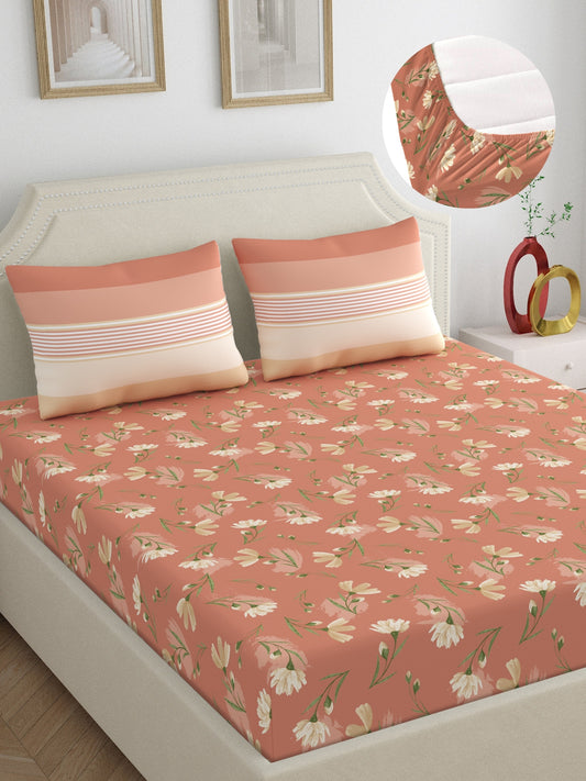Dreamscape 100% Cotton 140 TC Floral Bedsheet Set - Colour: Brown