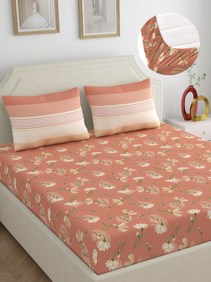 Dreamscape 100% Cotton 140 TC Floral Bedsheet Set - Colour: Brown