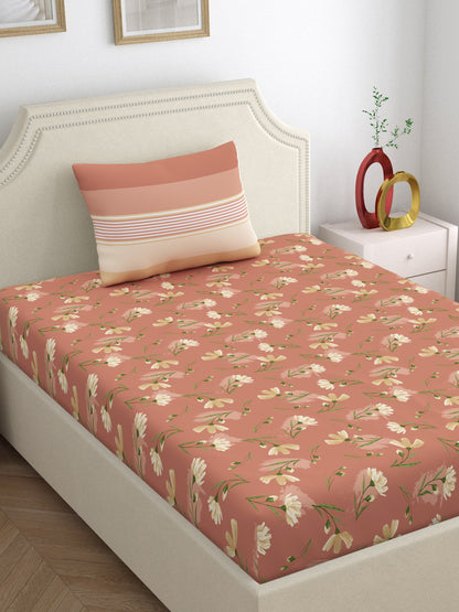Dreamscape 100% Cotton Floral Bedsheet Set, Premium | 140 TC | Brown