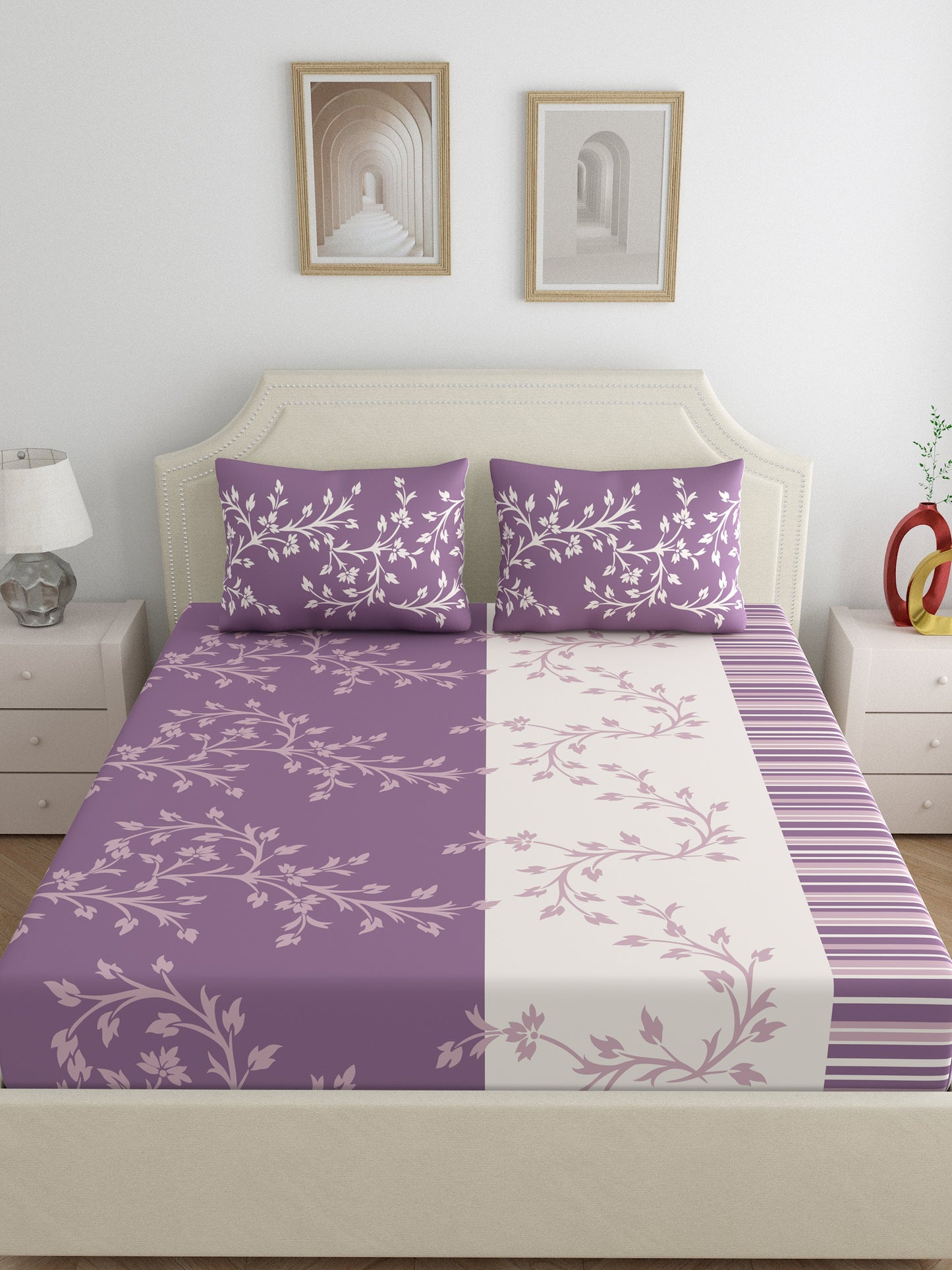 Dreamscape 100% Cotton 140 TC Floral Bedsheet Set - Colour: Purple