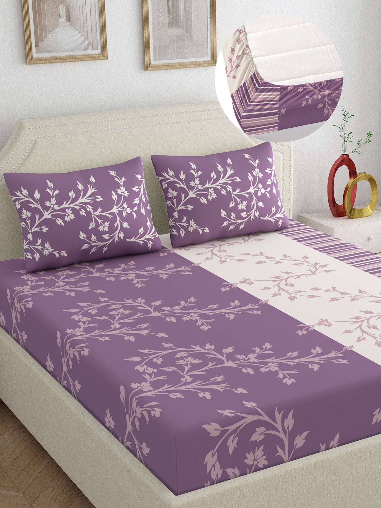 Dreamscape 100% Cotton 140 TC Floral Bedsheet Set - Colour: Purple