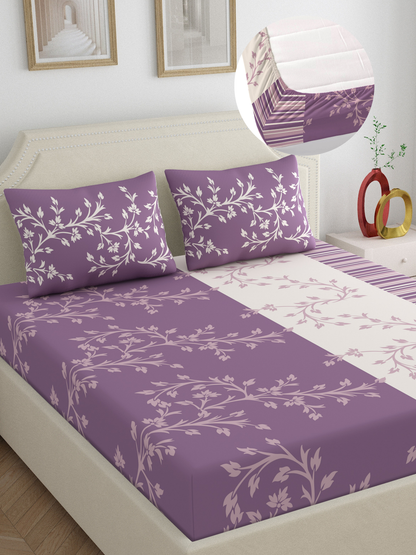 Dreamscape 100% Cotton 140 TC Floral Bedsheet Set - Colour: Purple