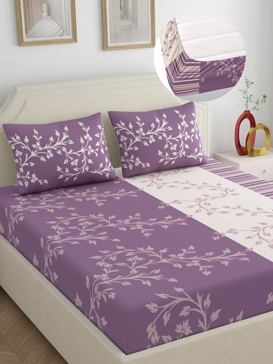 Dreamscape 100% Cotton 140 TC Floral Bedsheet Set - Colour: Purple