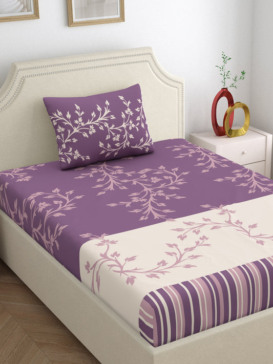 Dreamscape 100% Cotton 140 TC Floral Bedsheet Set - Colour: Purple