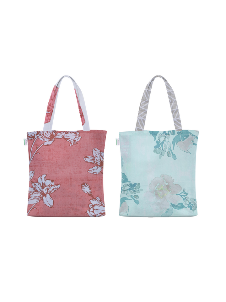 Home Ecstasy 100% Cotton Floral Tote Bag Set Of 2 | 140 TC | Brown and Peach