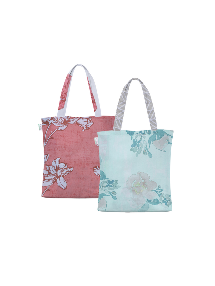 Home Ecstasy 100% Cotton Floral Tote Bag Set Of 2 | 140 TC | Brown and Peach