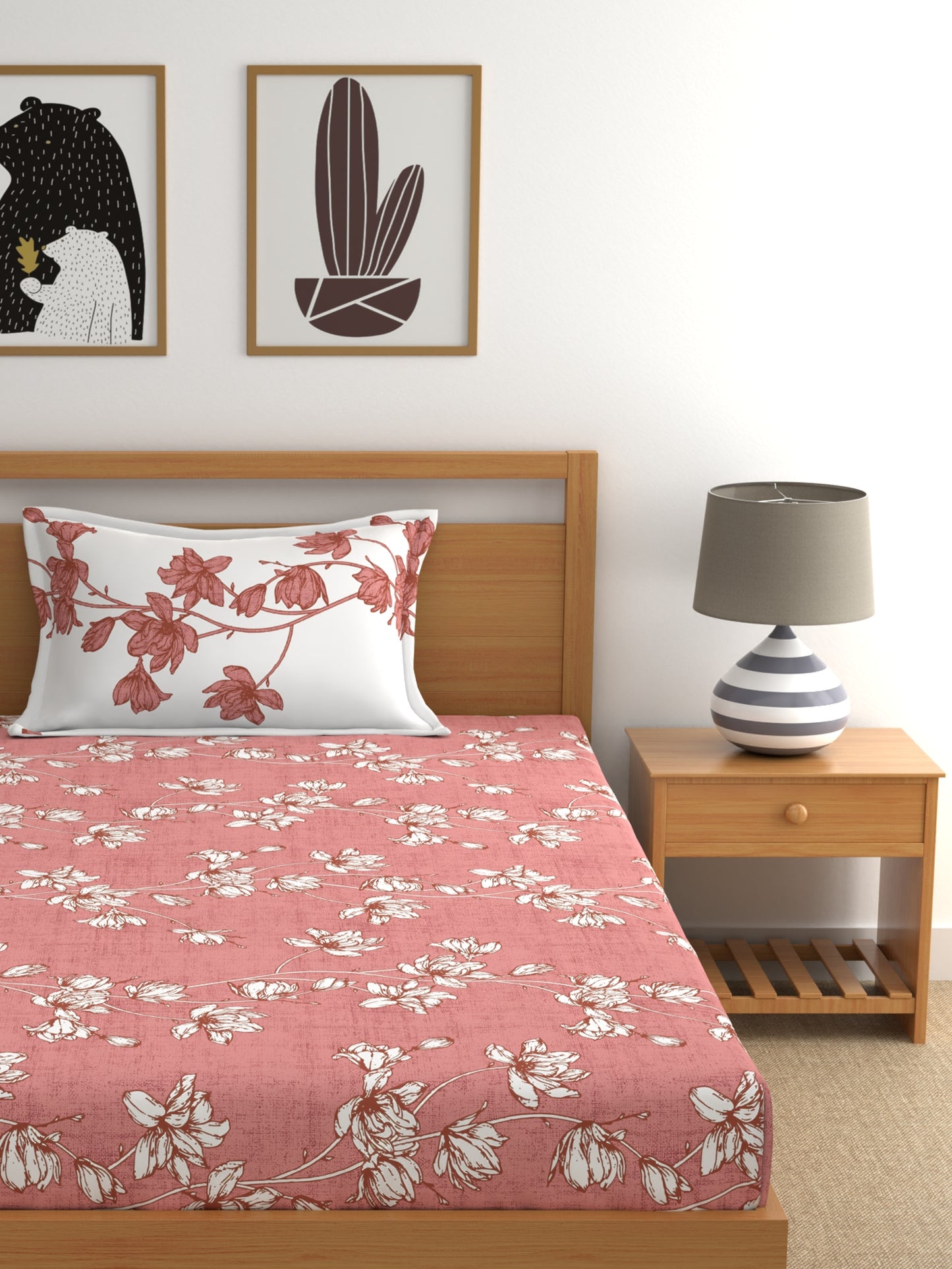 Dreamscape 100% Cotton Floral Bedsheet Set | 140 TC | Peach