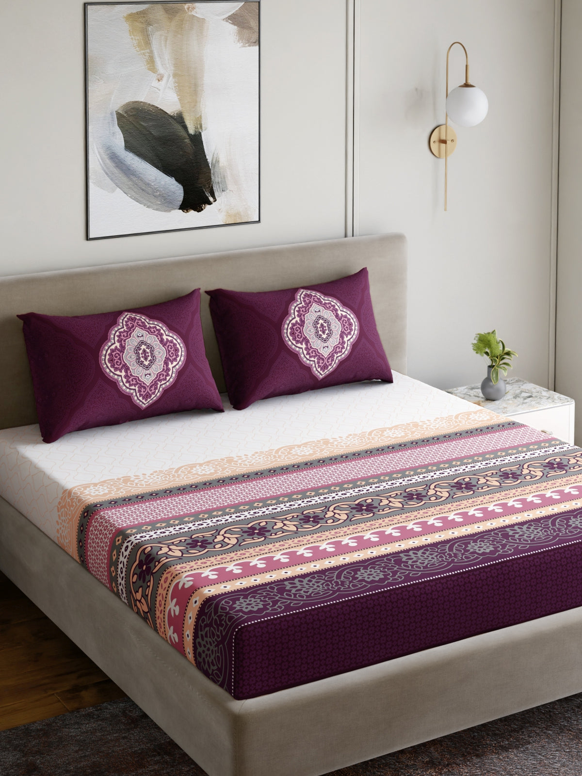 Dreamscape 100% Cotton 140 TC Ethnic Bedsheet Set - Colour: Purple