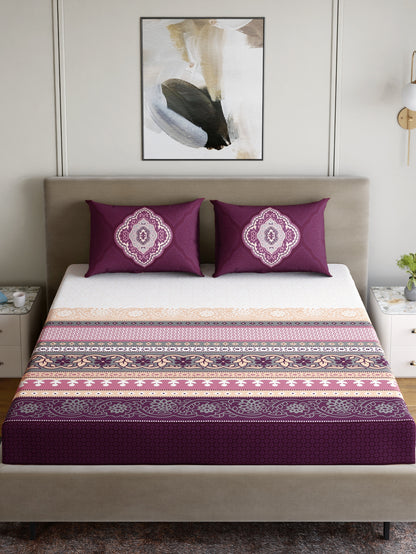 Dreamscape 100% Cotton 140 TC Ethnic Bedsheet Set - Colour: Purple