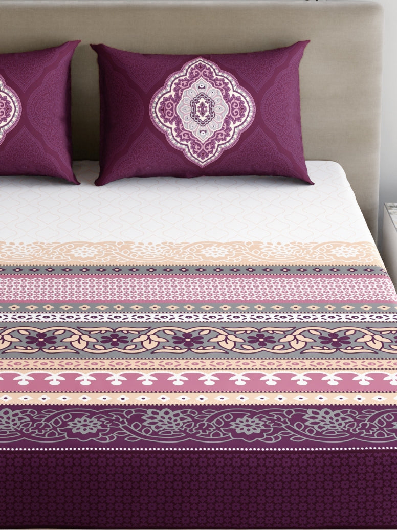 Dreamscape 100% Cotton 140 TC Ethnic Bedsheet Set - Colour: Purple