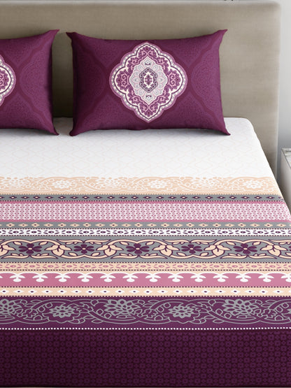 Dreamscape 100% Cotton 140 TC Ethnic Bedsheet Set - Colour: Purple