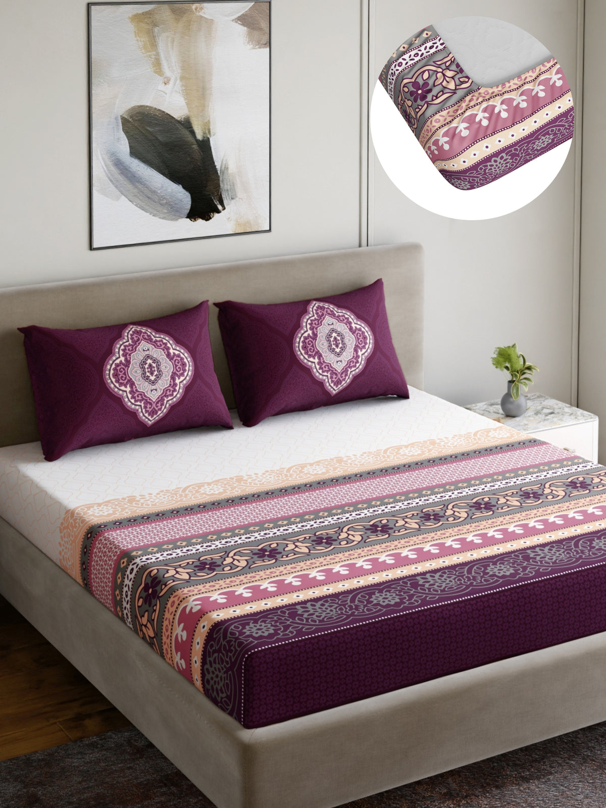 Dreamscape 100% Cotton 140 TC Ethnic Bedsheet Set - Colour: Purple