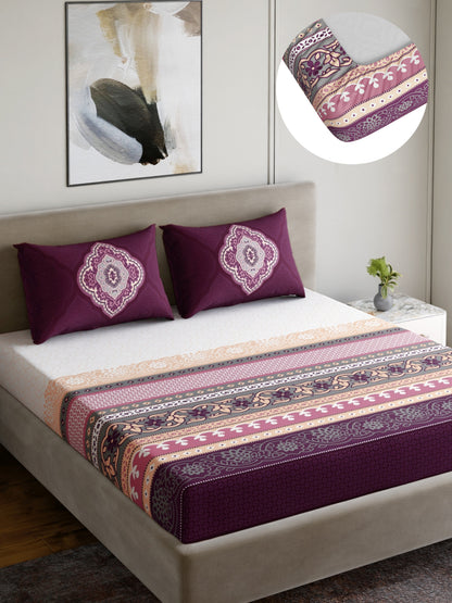 Dreamscape 100% Cotton 140 TC Ethnic Bedsheet Set - Colour: Purple