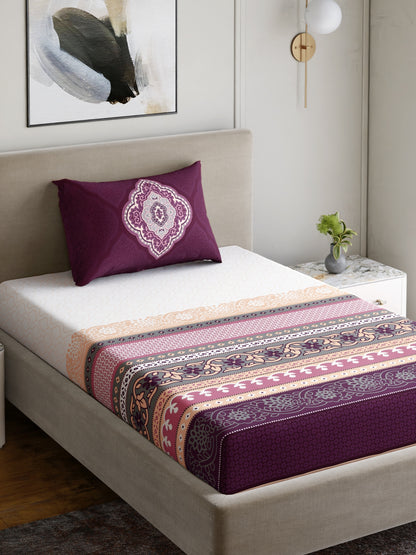 Dreamscape 100% Cotton 140 TC Ethnic Bedsheet Set - Colour: Purple