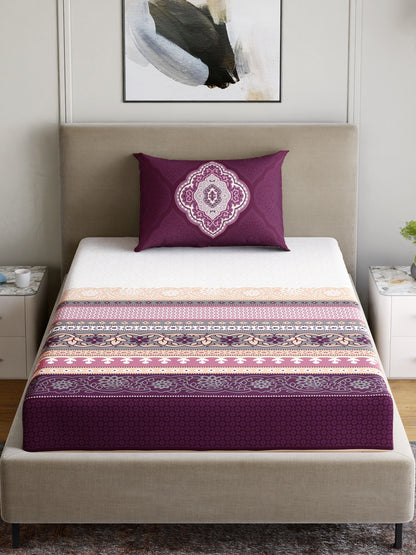 Dreamscape 100% Cotton 140 TC Ethnic Bedsheet Set - Colour: Purple