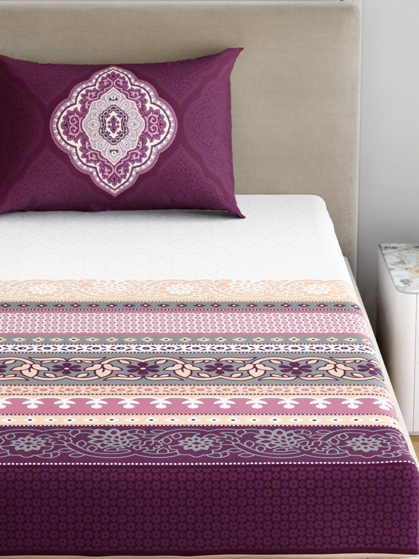 Dreamscape 100% Cotton 140 TC Ethnic Bedsheet Set - Colour: Purple