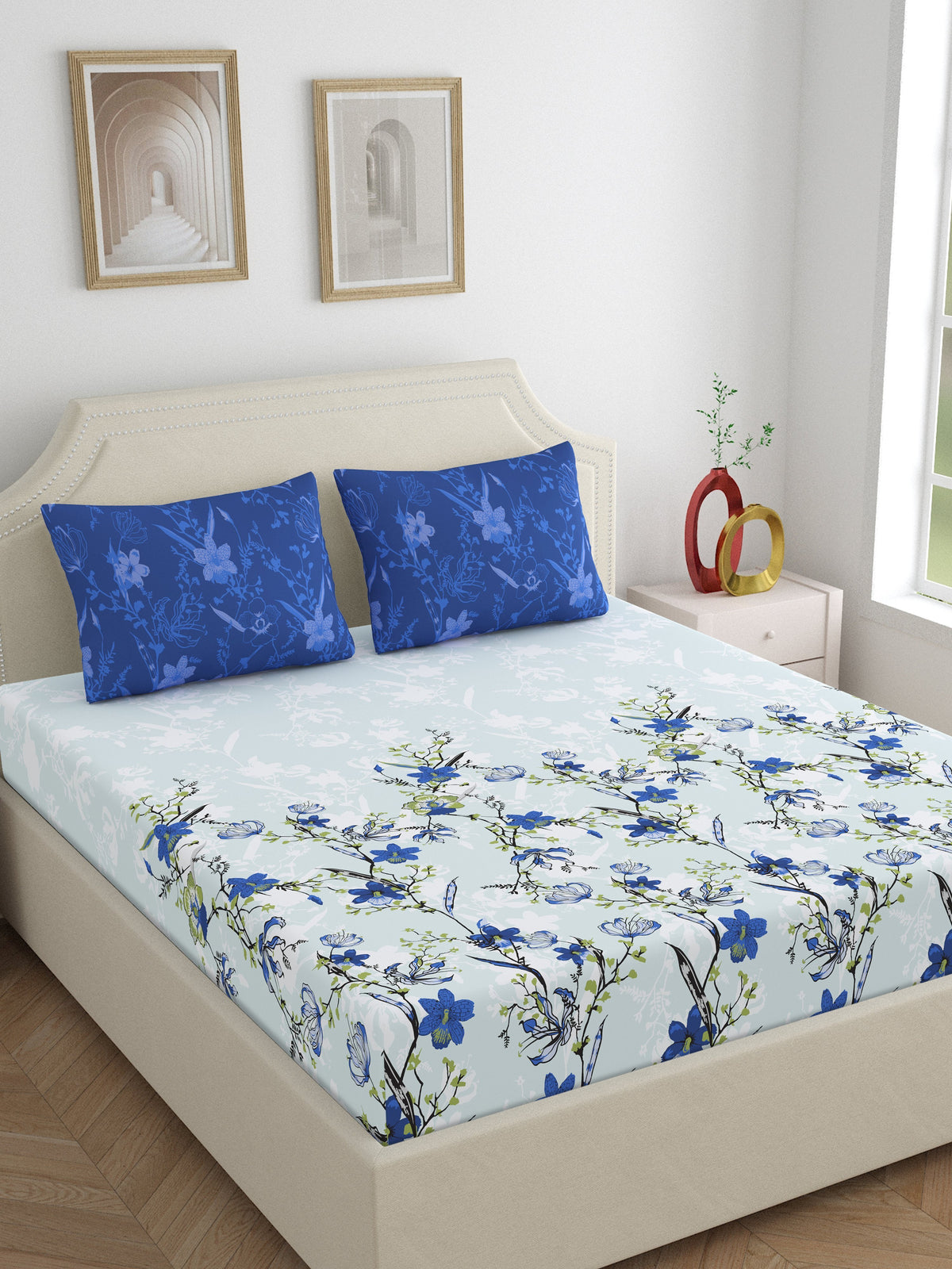 Dreamscape 100% Cotton 140 TC Floral Bedsheet Set - Colour: Blue
