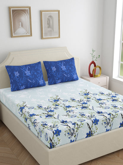 Dreamscape 100% Cotton 140 TC Floral Bedsheet Set - Colour: Blue