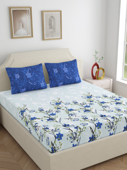 Dreamscape 100% Cotton 140 TC Floral Bedsheet Set - Colour: Blue