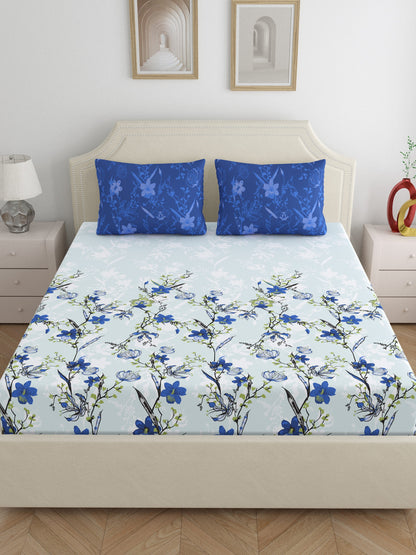 Dreamscape 100% Cotton 140 TC Floral Bedsheet Set - Colour: Blue