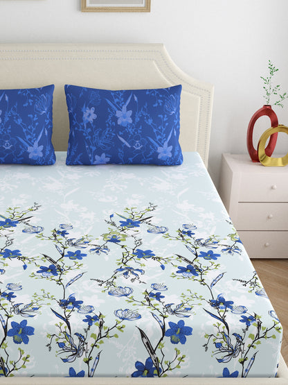 Dreamscape 100% Cotton 140 TC Floral Bedsheet Set - Colour: Blue
