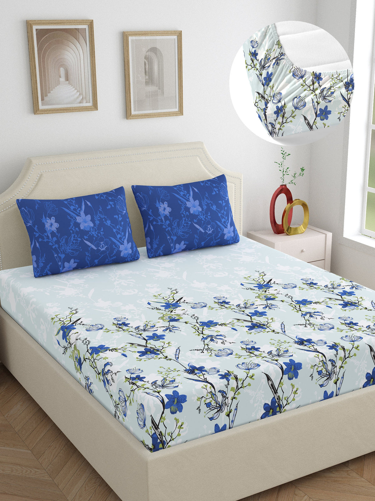 Dreamscape 100% Cotton 140 TC Floral Bedsheet Set - Colour: Blue