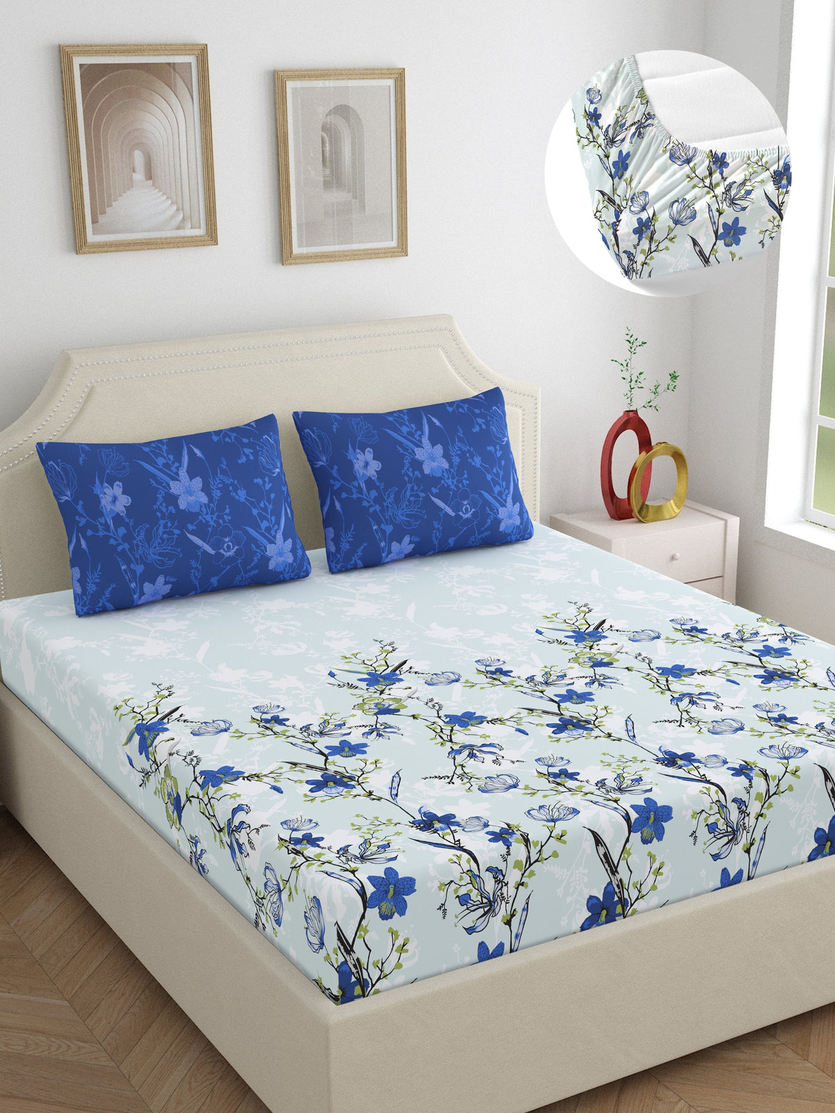 Dreamscape 100% Cotton 140 TC Floral Bedsheet Set - Colour: Blue