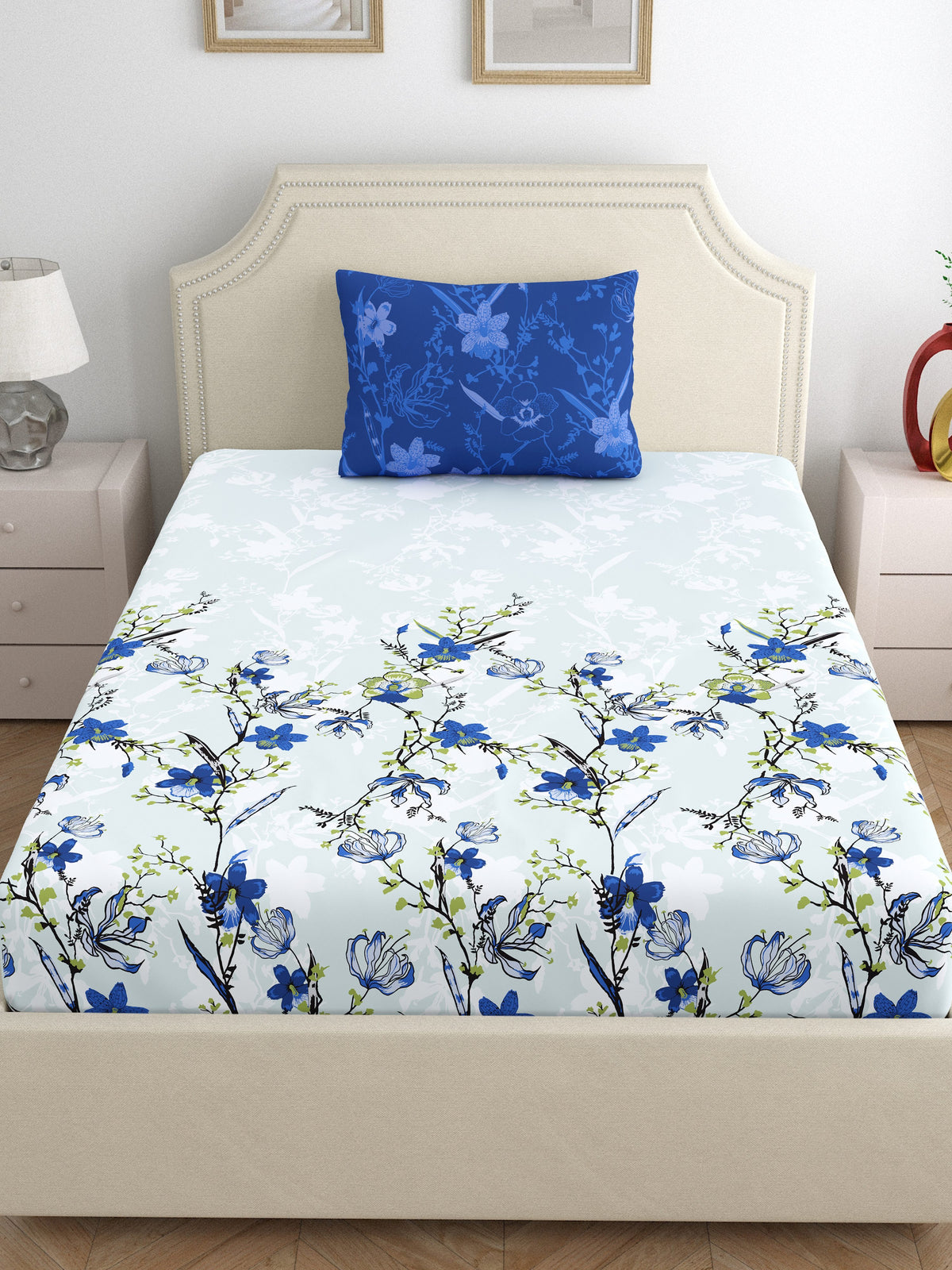 Dreamscape 100% Cotton 140 TC Floral Bedsheet Set - Colour: Blue