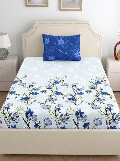 Dreamscape 100% Cotton 140 TC Floral Bedsheet Set - Colour: Blue
