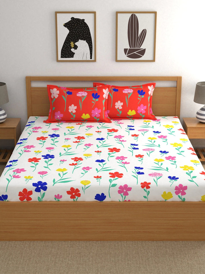 Dreamscape 100% Cotton Floral Bedsheet Set, Premium | 140 TC | Red