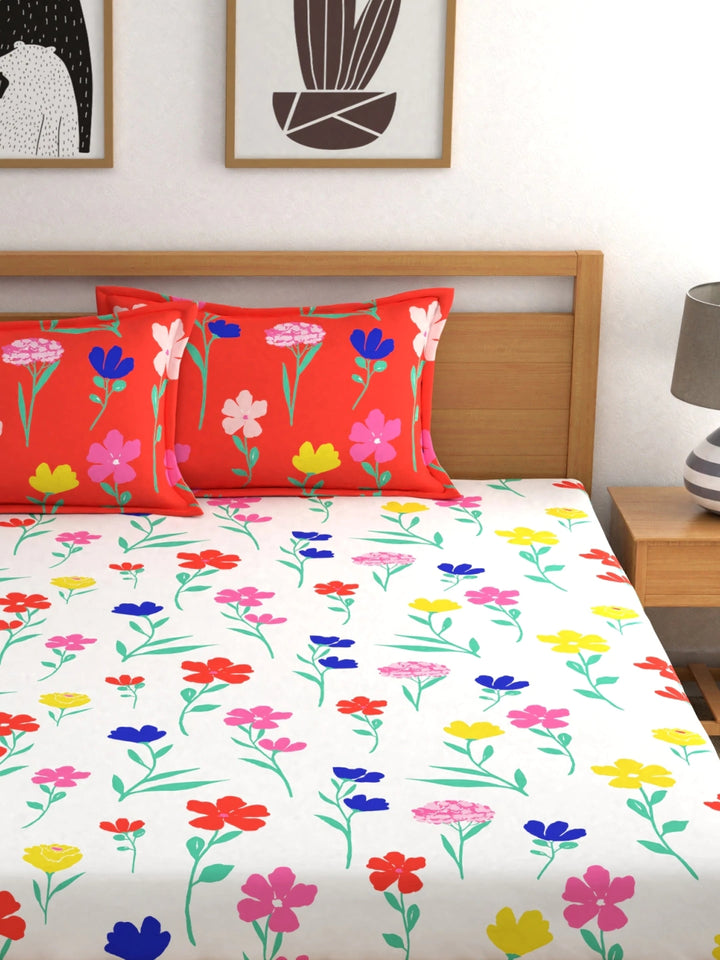 Dreamscape 100% Cotton Floral Bedsheet Set, Premium | 140 TC | Red