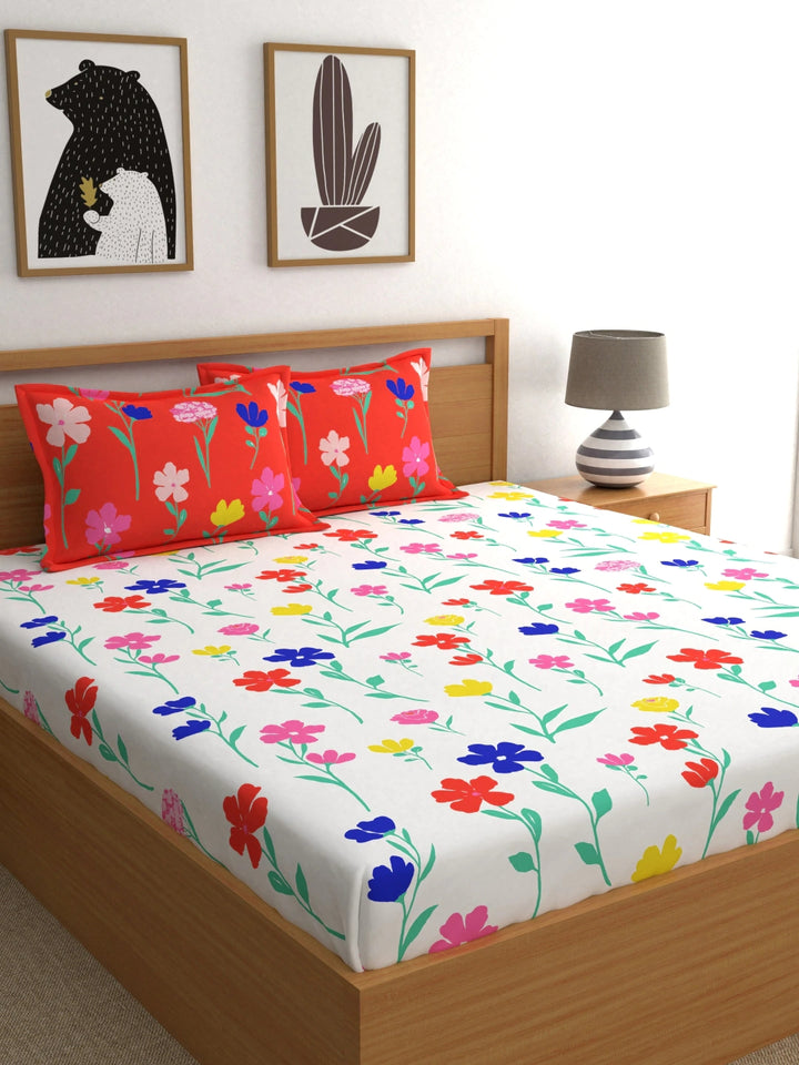 Dreamscape 100% Cotton Floral Bedsheet Set, Premium | 140 TC | Red