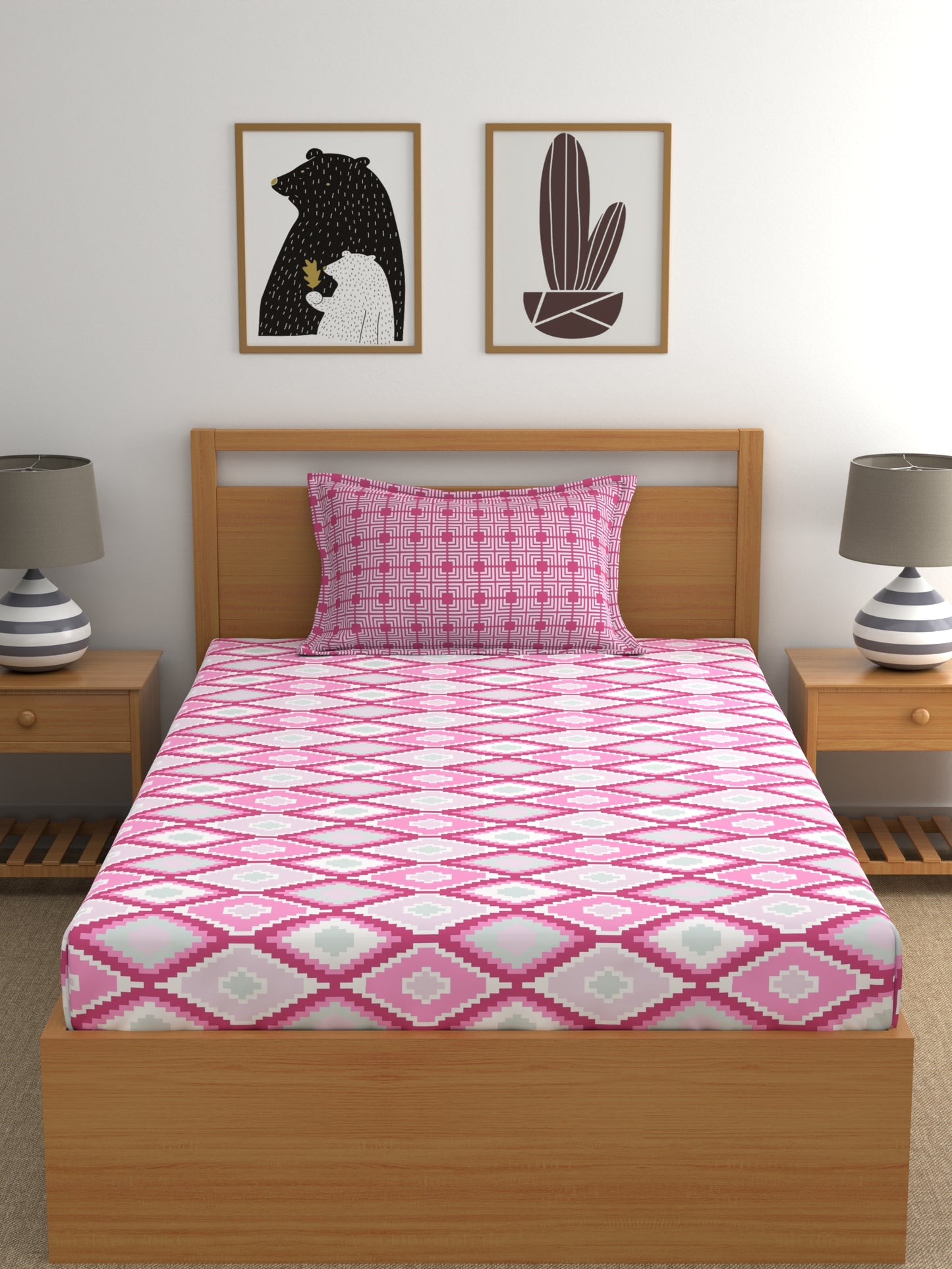 Home Ecstasy 100% Cotton Geometric Bedsheet Set | 140 TC | Pink