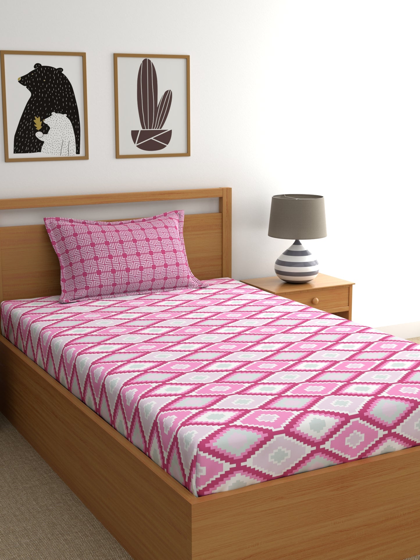Home Ecstasy 100% Cotton Geometric Bedsheet Set | 140 TC | Pink