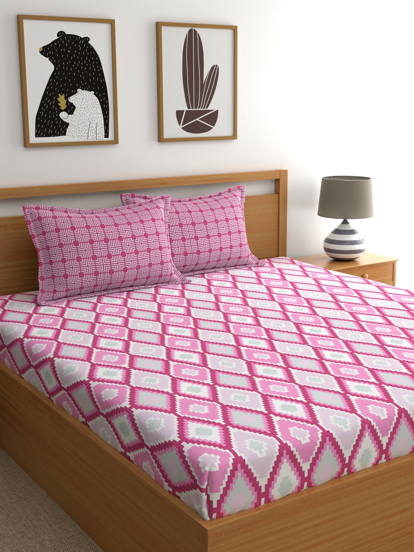Home Ecstasy 100% Cotton Geometric Bedsheet Set | 140 TC | Pink