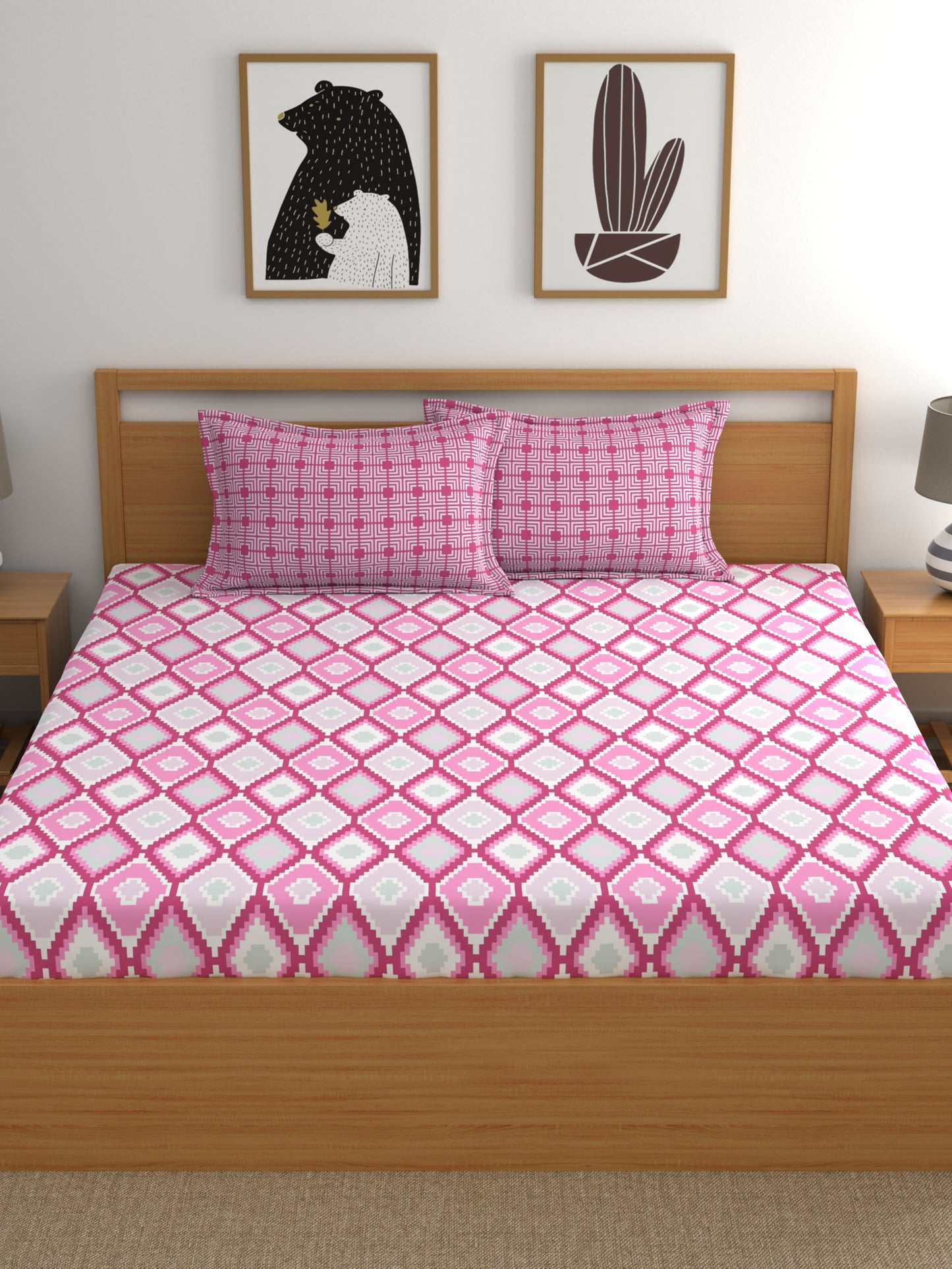 Home Ecstasy 100% Cotton Geometric Bedsheet Set | 140 TC | Pink