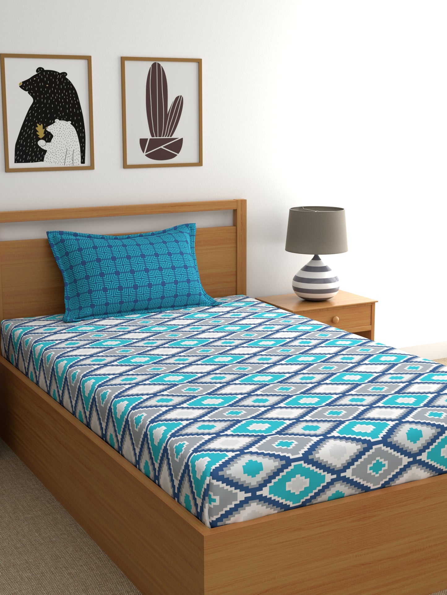 Home Ecstasy 100% Cotton Geometric Bedsheet Set | 140 TC | Blue