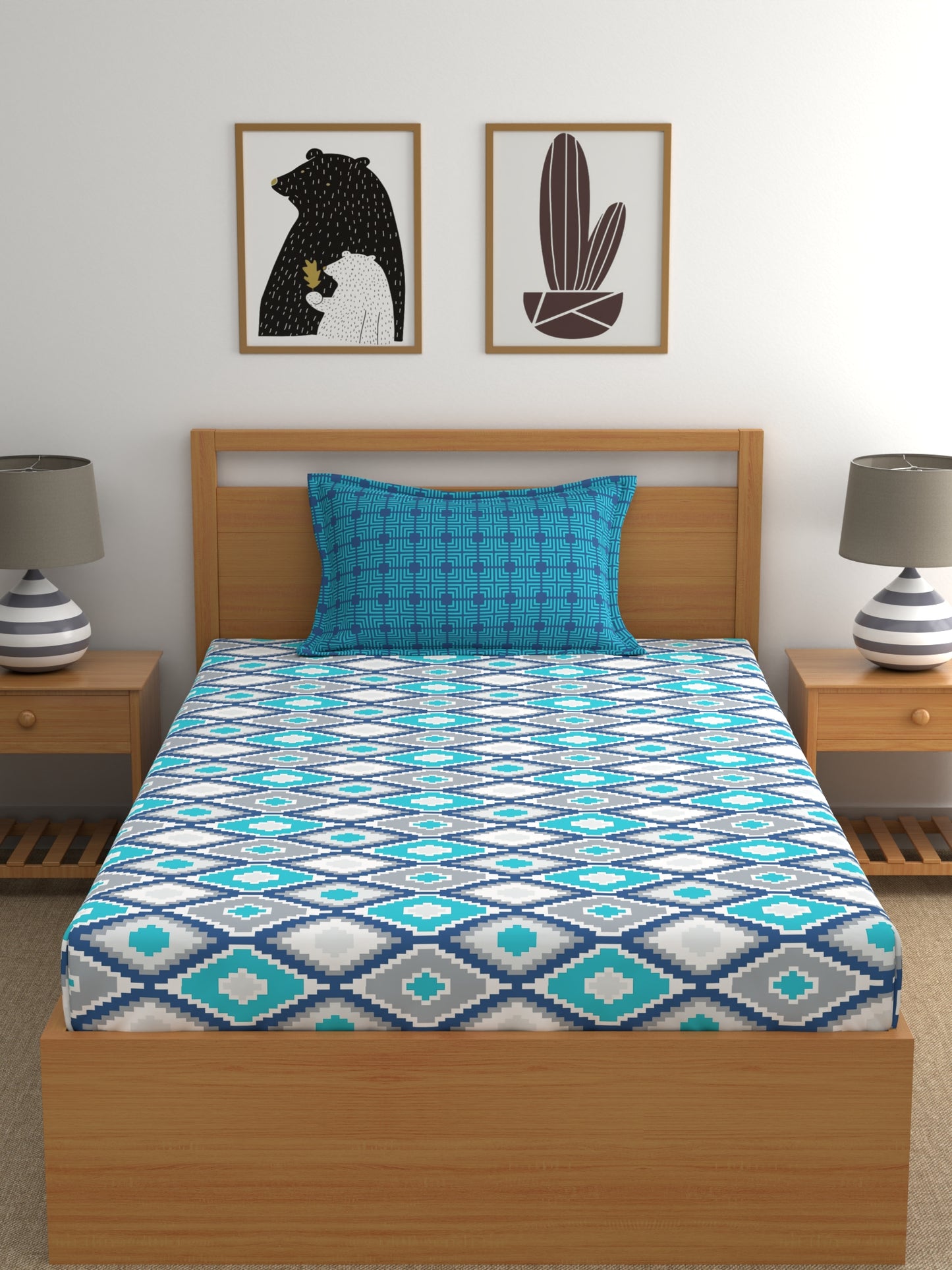 Home Ecstasy 100% Cotton Geometric Bedsheet Set | 140 TC | Blue