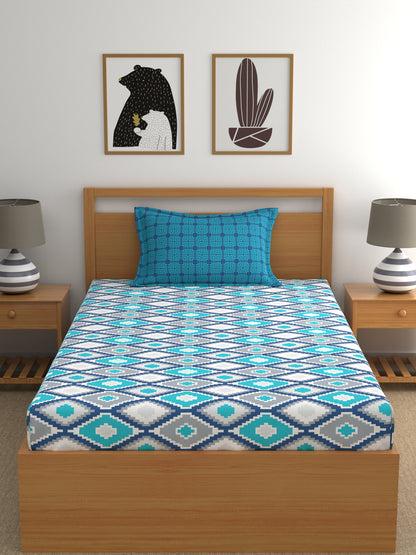 Home Ecstasy 100% Cotton Geometric Bedsheet Set | 140 TC | Blue