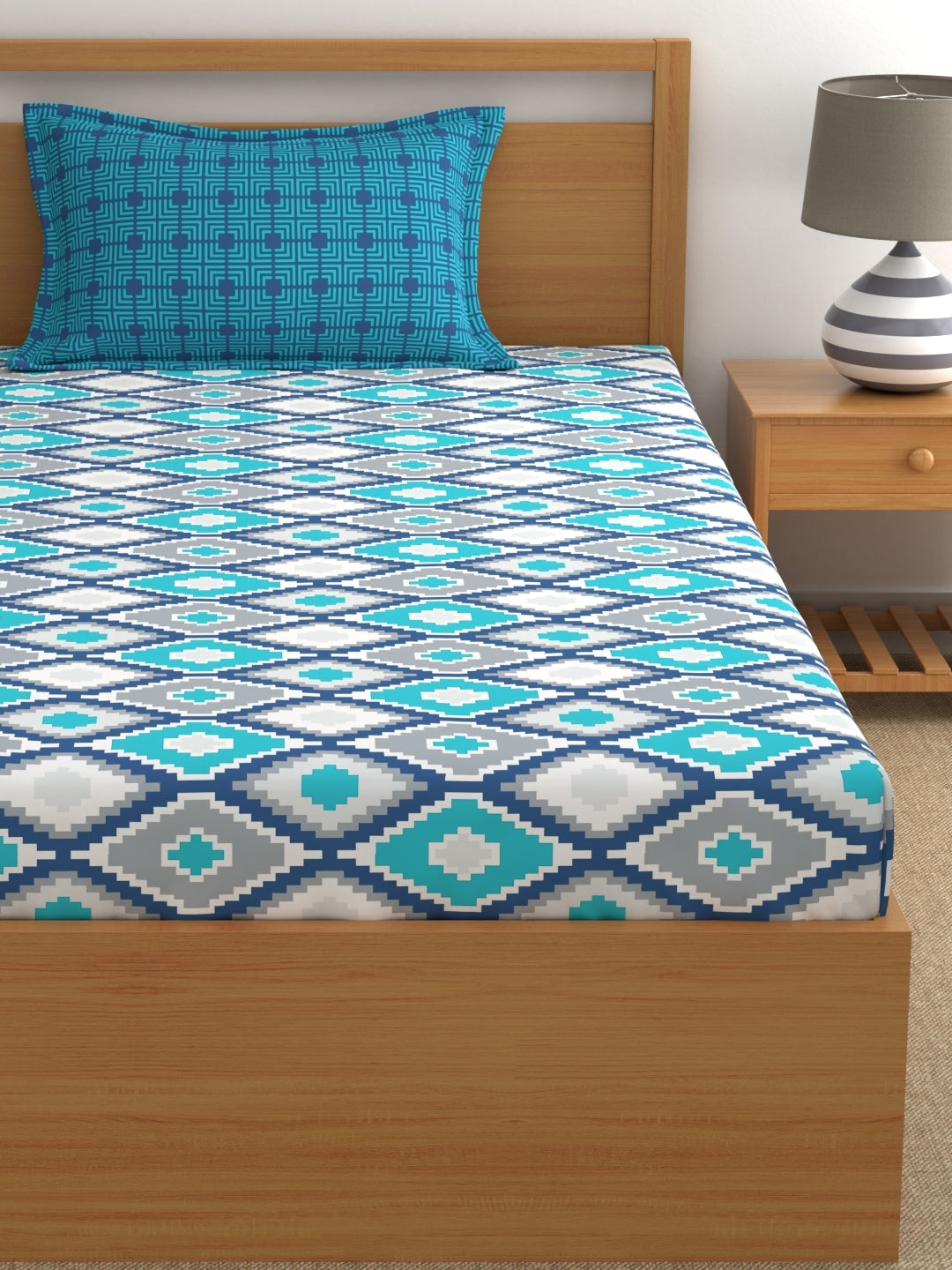 Home Ecstasy 100% Cotton Geometric Bedsheet Set | 140 TC | Blue