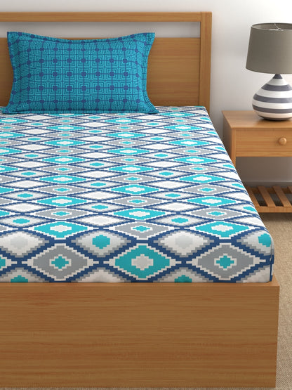 Home Ecstasy 100% Cotton Geometric Bedsheet Set | 140 TC | Blue