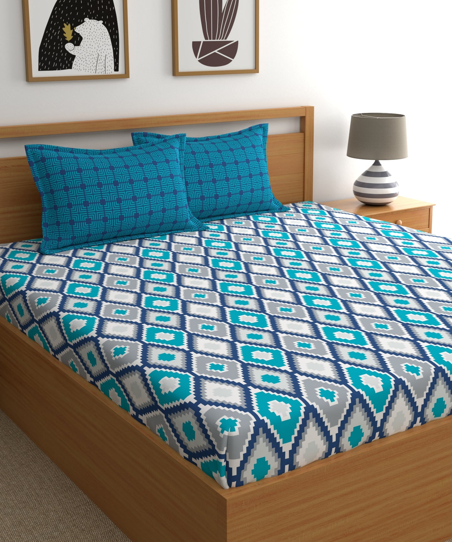 Home Ecstasy 100% Cotton Geometric Bedsheet Set | 140 TC | Blue