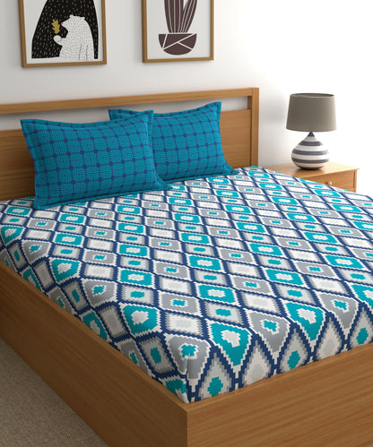 Home Ecstasy 100% Cotton Geometric Bedsheet Set | 140 TC | Blue
