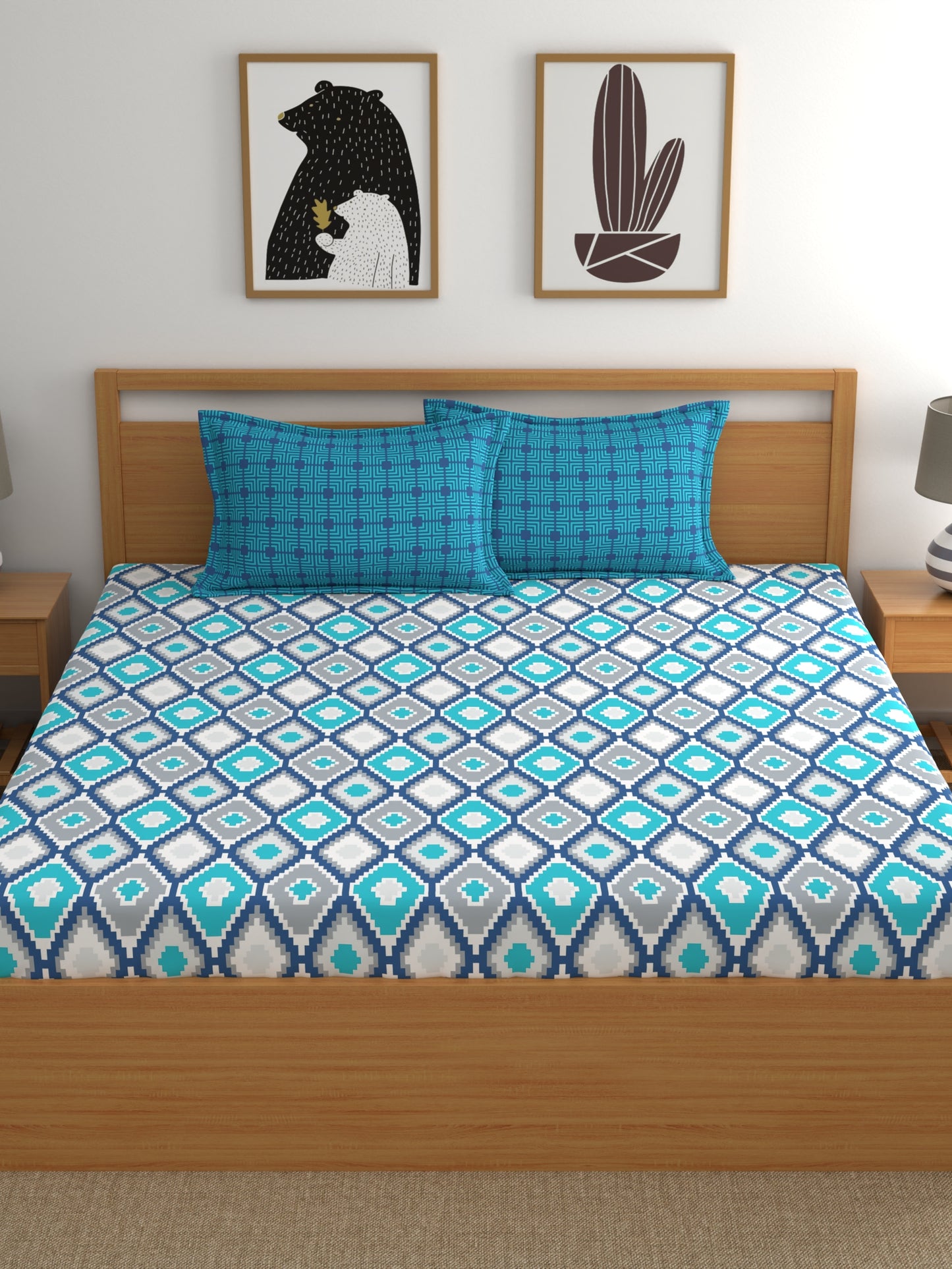Home Ecstasy 100% Cotton Geometric Bedsheet Set | 140 TC | Blue
