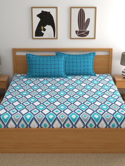 Home Ecstasy 100% Cotton Geometric Bedsheet Set | 140 TC | Blue
