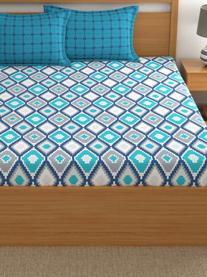 Home Ecstasy 100% Cotton Geometric Bedsheet Set | 140 TC | Blue