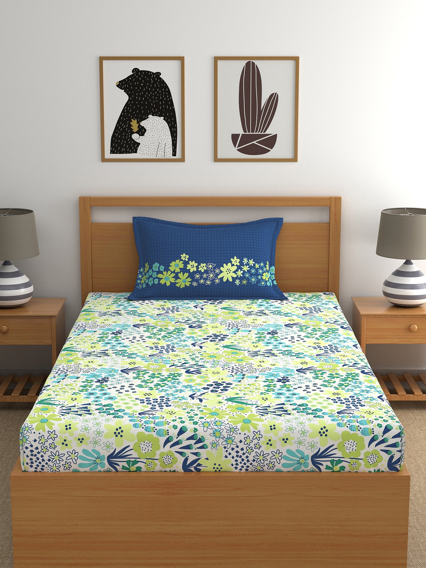 Home Ecstasy 100% Cotton Floral Bedsheet Set | 180 TC | Blue